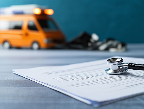 Stethoscope on a medical claim form with blurred ambulance in the background