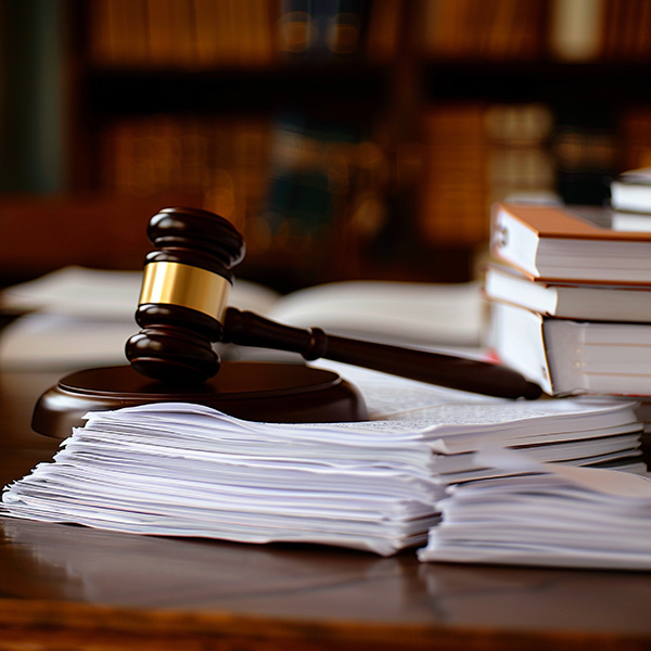 Gavel on a desk among legal documents and books