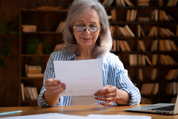 Woman wearing glasses reading over a legal document