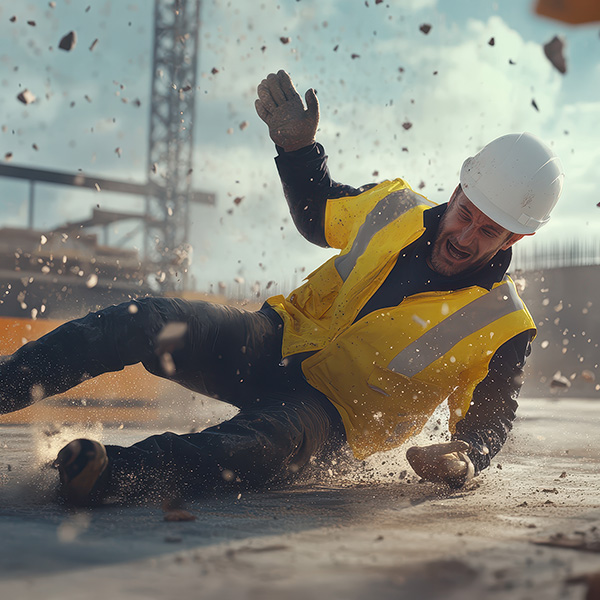 Construction worker in vest and hard hat falling over on a construction site