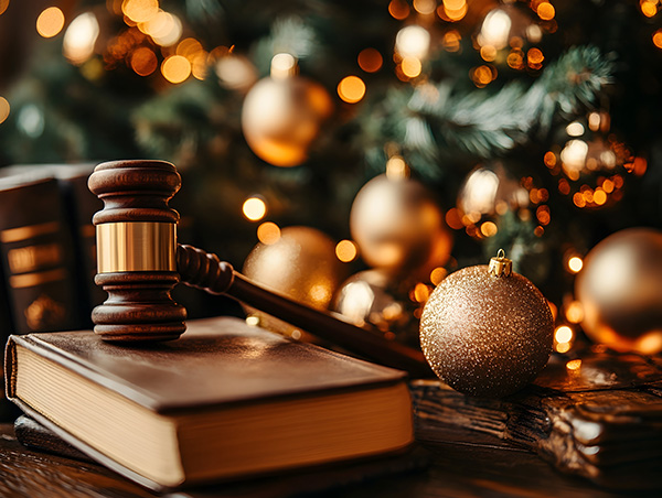 Solicitor's office scene with gavel on a law book on a desk with Christmas tree in background